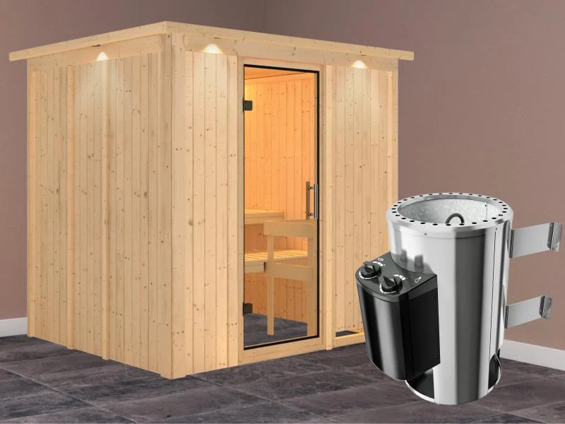 Daria - Karibu Sauna Plug & Play 3,6 kW Ofen, int. Steuerung - mit Dachkranz - Klarglas Ganzglastür