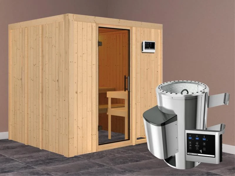 Daria - Karibu Sauna Plug & Play 3,6 kW Ofen, ext. Steuerung - ohne Dachkranz - Moderne Saunatür