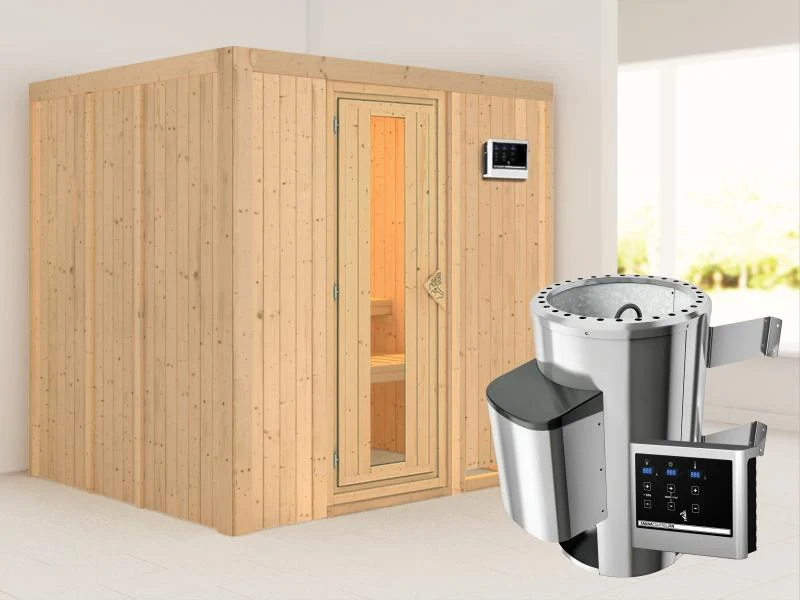 Daria - Karibu Sauna Plug & Play 3,6 kW Ofen, ext. Steuerung - ohne Dachkranz - Energiespartür
