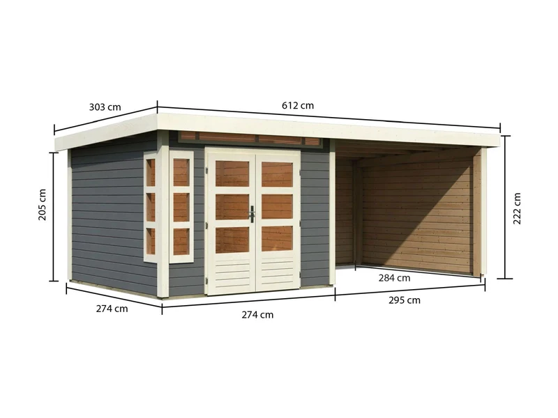 Karibu Gartenhaus Kastorf 6 - terragrau mit Anbaudach 3,2 m und 28 mm Seiten- und Rückwand