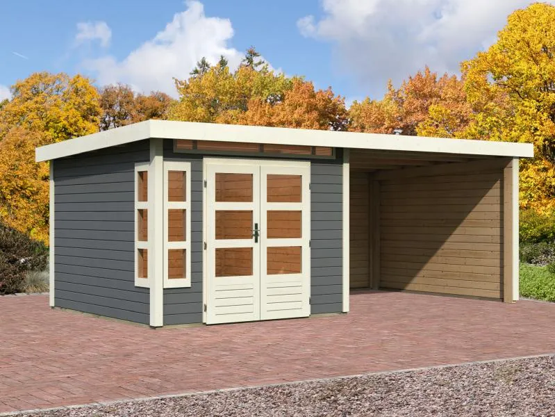 Karibu Gartenhaus Kastorf 6 - terragrau mit Anbaudach 3,2 m und 28 mm Seiten- und Rückwand