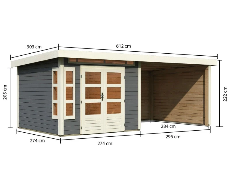 Karibu Gartenhaus Kastorf 6 - terragrau mit Anbaudach 3,2 m und 28 mm Seiten- und Rückwand