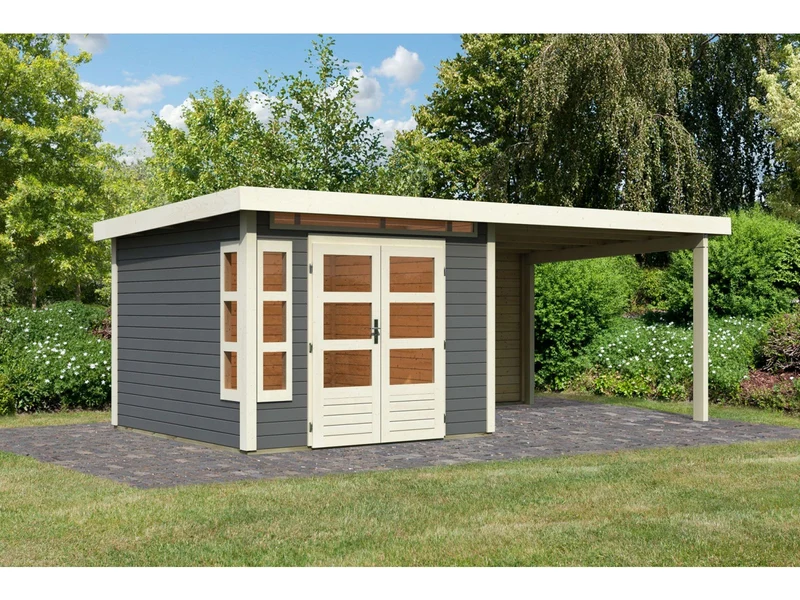 Karibu Gartenhaus Kastorf 6 - terragrau mit Anbaudach 3,2 m und 28 mm Rückwand