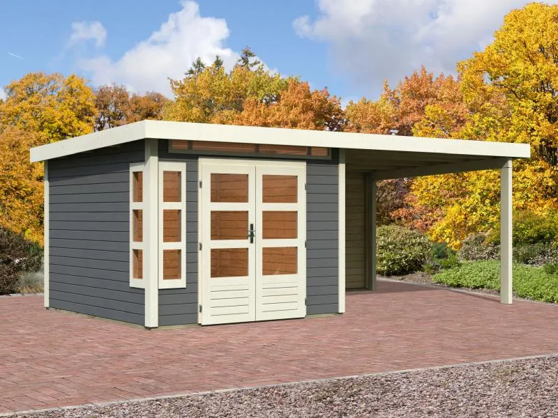 Karibu Gartenhaus Kastorf 6 - terragrau mit Anbaudach 3,2 m und 28 mm Rückwand
