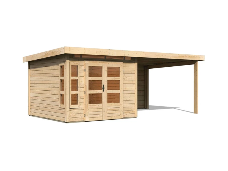 Karibu Gartenhaus Kastorf 6 - natur mit Anbaudach 3,2 m und 28 mm Rückwand