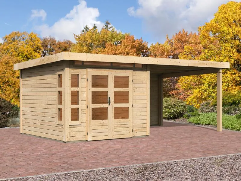 Karibu Gartenhaus Kastorf 6 - natur mit Anbaudach 3,2 m und 28 mm Rückwand