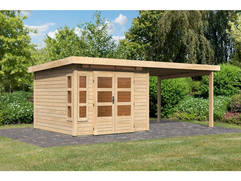 Karibu Gartenhaus Kastorf 6 - 28 mm natur mit Anbaudach 3,2 m
