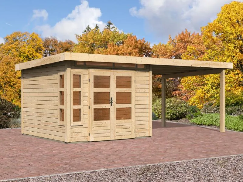 Karibu Gartenhaus Kastorf 6 - 28 mm natur mit Anbaudach 3,2 m