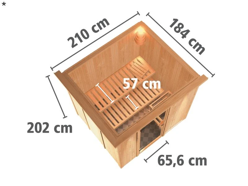Daria - Karibu Sauna Plug & Play 3,6 kW Ofen, ext. Steuerung - mit Dachkranz - Moderne Saunatür