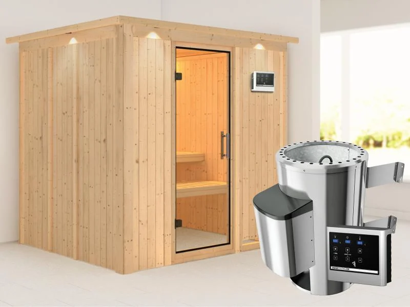 Daria - Karibu Sauna Plug & Play 3,6 kW Ofen, ext. Steuerung - mit Dachkranz - Klarglas Ganzglastür