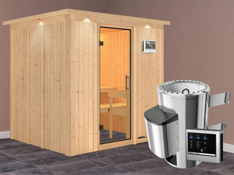 Daria - Karibu Sauna Plug & Play 3,6 kW Ofen, ext. Steuerung - mit Dachkranz - Klarglas Ganzglastür