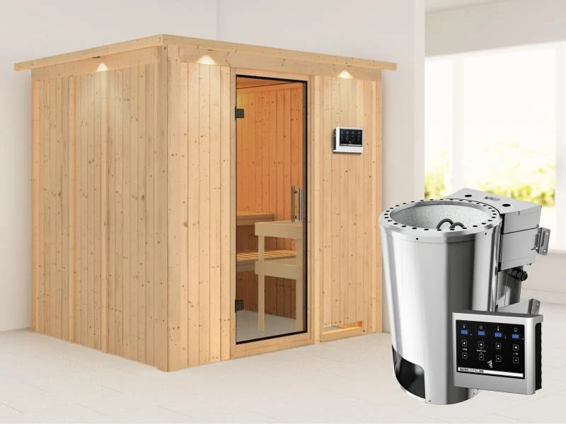 Daria - Karibu Sauna Plug & Play 3,6 kW Bio Ofen, ext. Steuerung - ohne Dachkranz - Klarglas Ganzgla