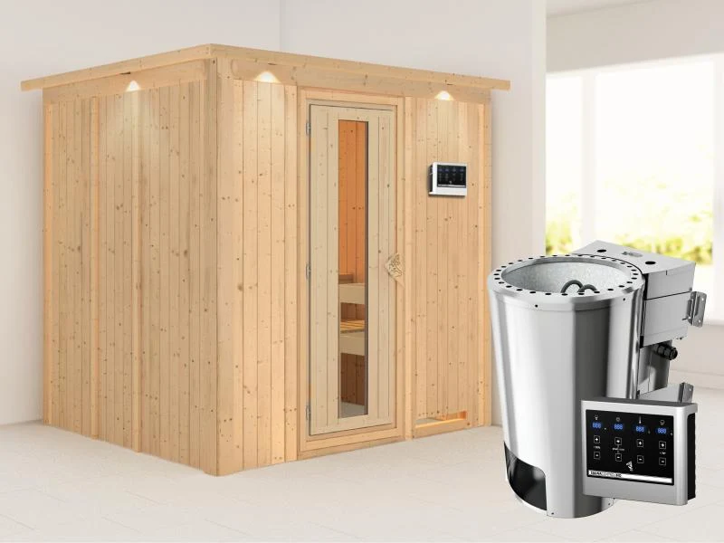 Daria - Karibu Sauna Plug & Play 3,6 kW Bio Ofen, ext. Steuerung - mit Dachkranz - Energiespartür