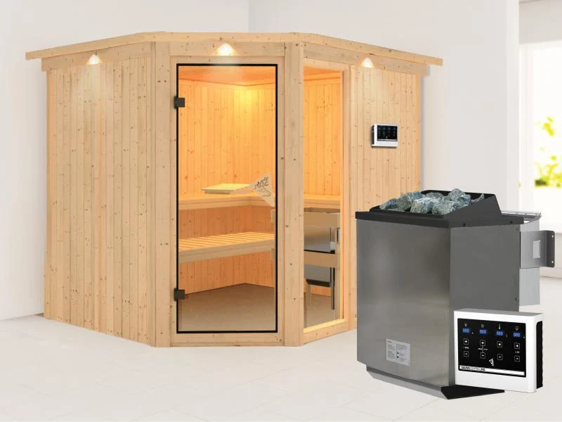 Fiona 3 - Karibu Sauna inkl. 9-kW-Bioofen - mit Dachkranz -