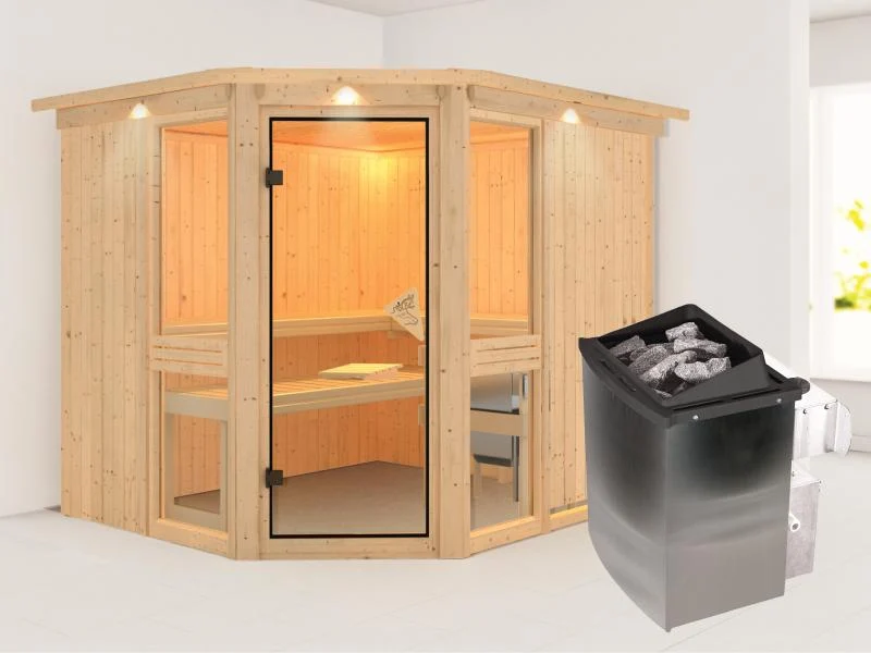 Amelia 3 - Karibu Sauna inkl. 9-kW-Ofen - mit Dachkranz -