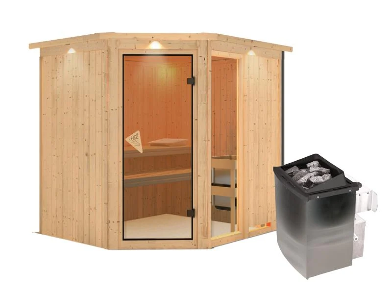 Fiona 2 - Karibu Sauna inkl. 9-kW-Ofen - mit Dachkranz -