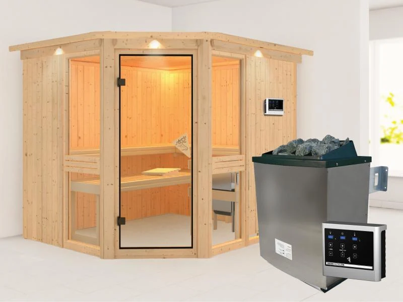 Amelia 3 - Karibu Sauna inkl. 9-kW-Ofen - mit Dachkranz -