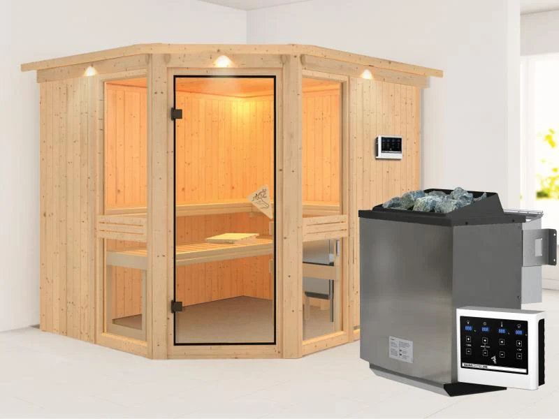 Amelia 3 - Karibu Sauna inkl. 9-kW-Bioofen - mit Dachkranz -