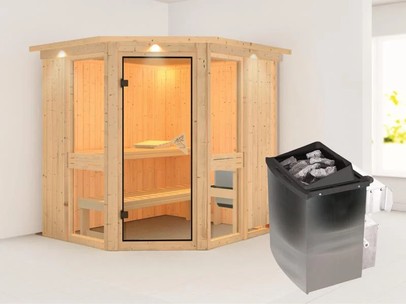 Amelia 1 - Karibu Sauna inkl. 9-kW-Ofen - mit Dachkranz -