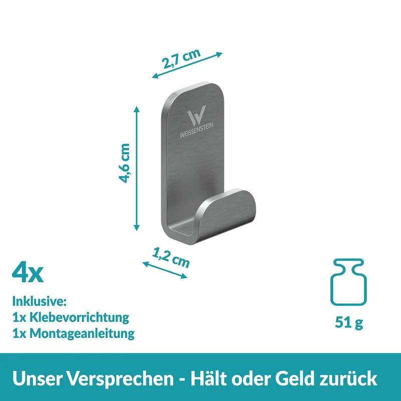15x B-Ware WEISSENSTEIN Haken WOMO Edelstahl matt silber selbstklebend 4er-Pack 15 SETS