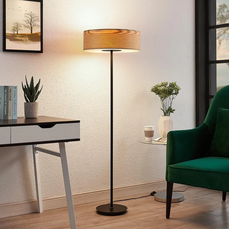 B-Ware Lampenwelt.com Holz-Stehleuchte Stehlampe Lampe Leuchte Dominic in runder Form