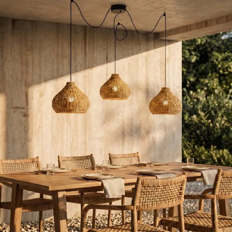 B-Ware Lucande Außenhängelampe Pendelleuchte Außenlampe Rattan Leuchte IP44 3-flammig