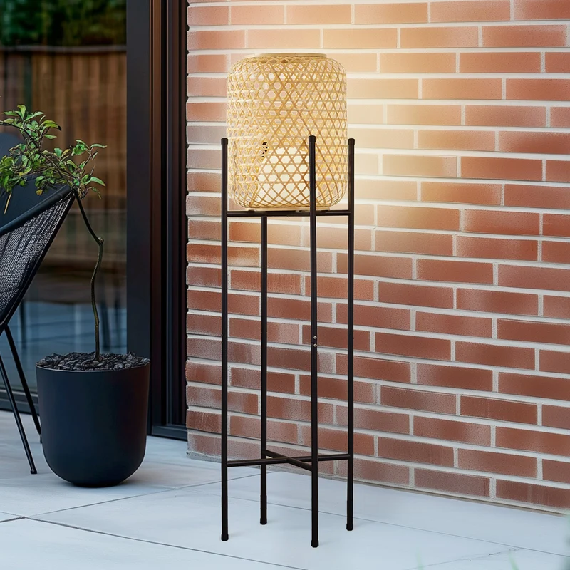 B-Ware Lucande Stehleuchte Standlampe LED Akku Adebi Bambus Schwarz Dimmfunktion Outdoo