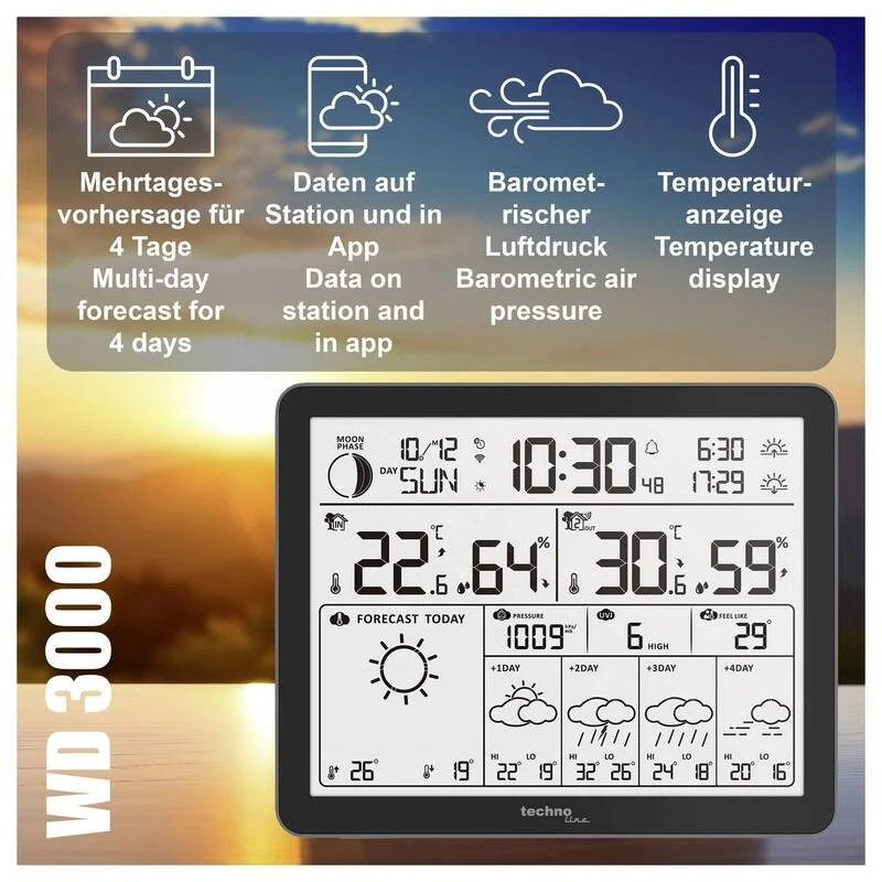 B-Ware Techno Line WLAN Wetterstation WD3000 Wettervorhersage 4 Tage schwarz 172x140mm
