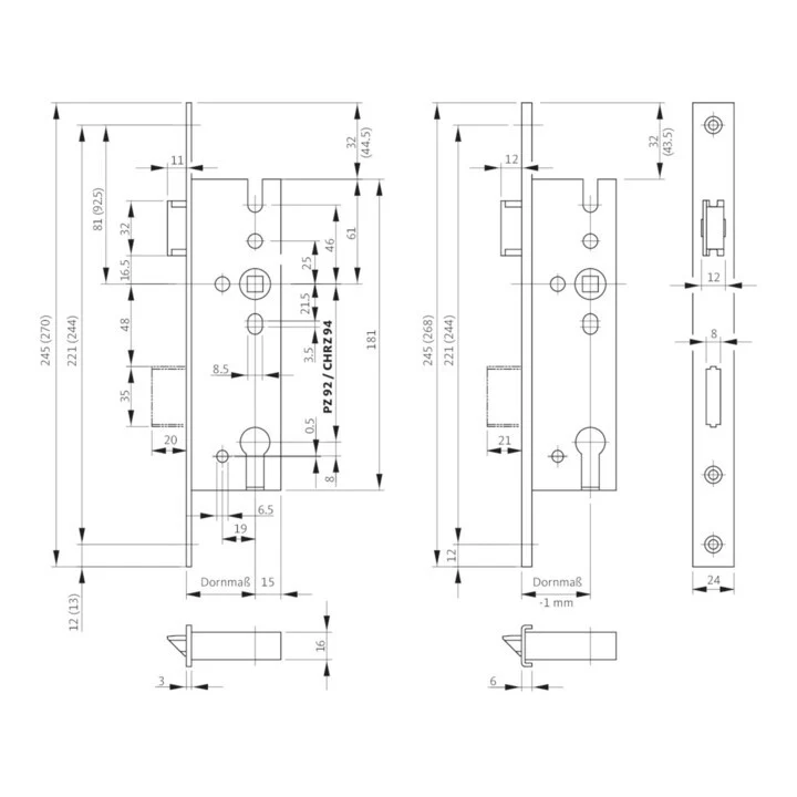B-Ware BKS Einsteckschloss Schloss Türschloss PZ Edelstahl matt 245mm DIN L/R 92mm