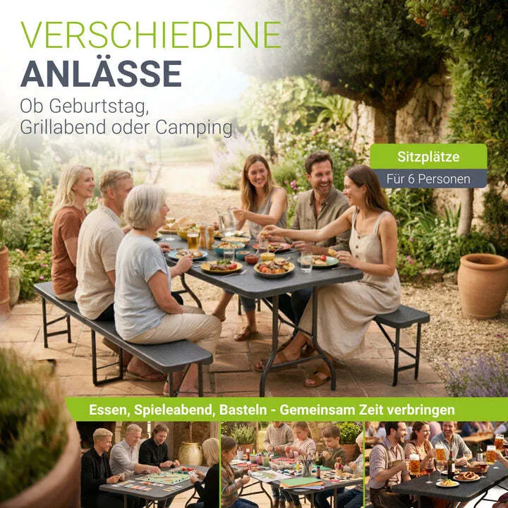 B-Ware Bierzeltgarnitur Amberg klappbar 3-teilig in Rattan-Optik schwarz 180x74cm